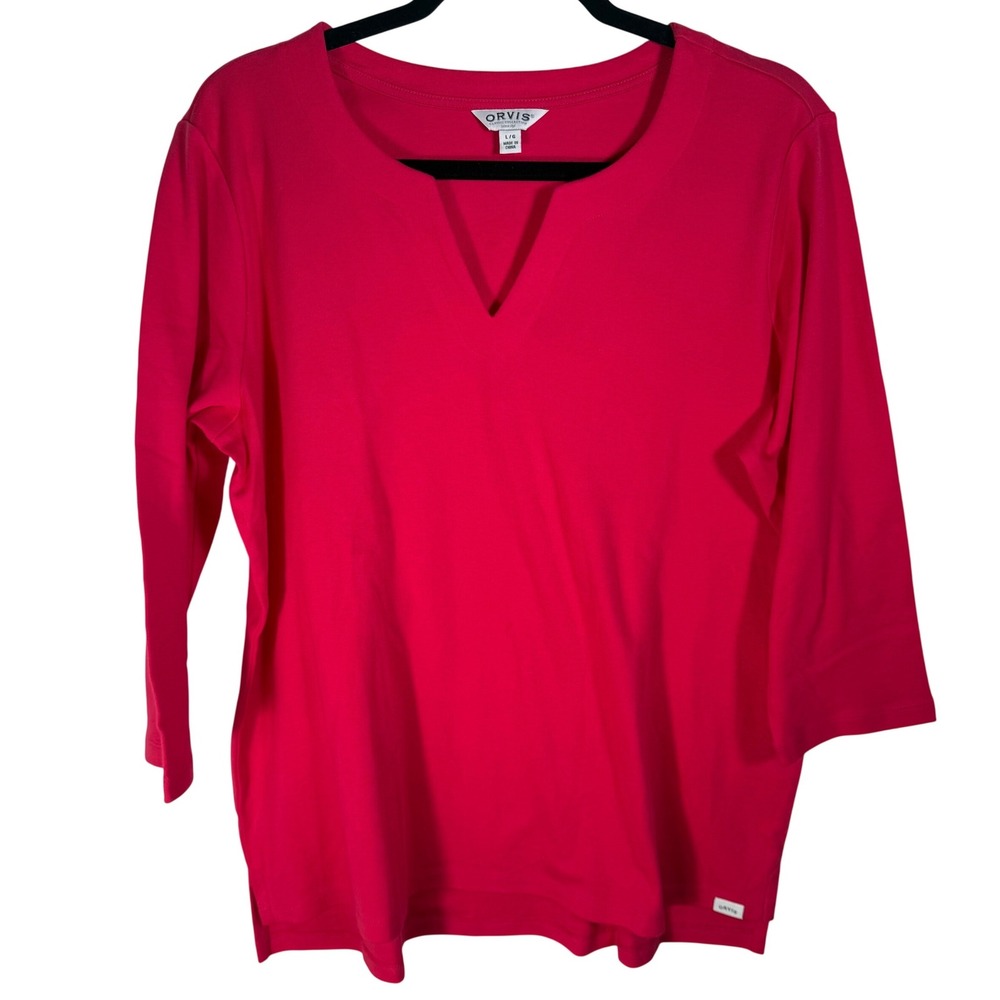 Orvis Pink Pima Cotton Notched V-Neck 3/4 Sleeve Top Large 1753862